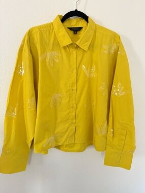 Calligraphie Anthropologie Yellow Sequin Floral Button Down Shirt Top Mustard XL
